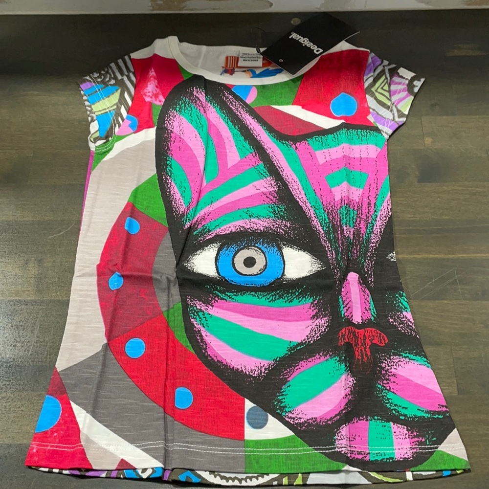 NWT Desigual Girls Cat Graphic Short Sleeve Cotton Top